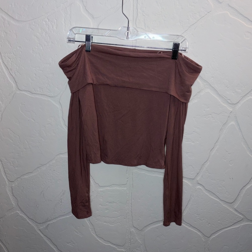 Stylish Off-Shoulder Ribbed Crop Top - Brown